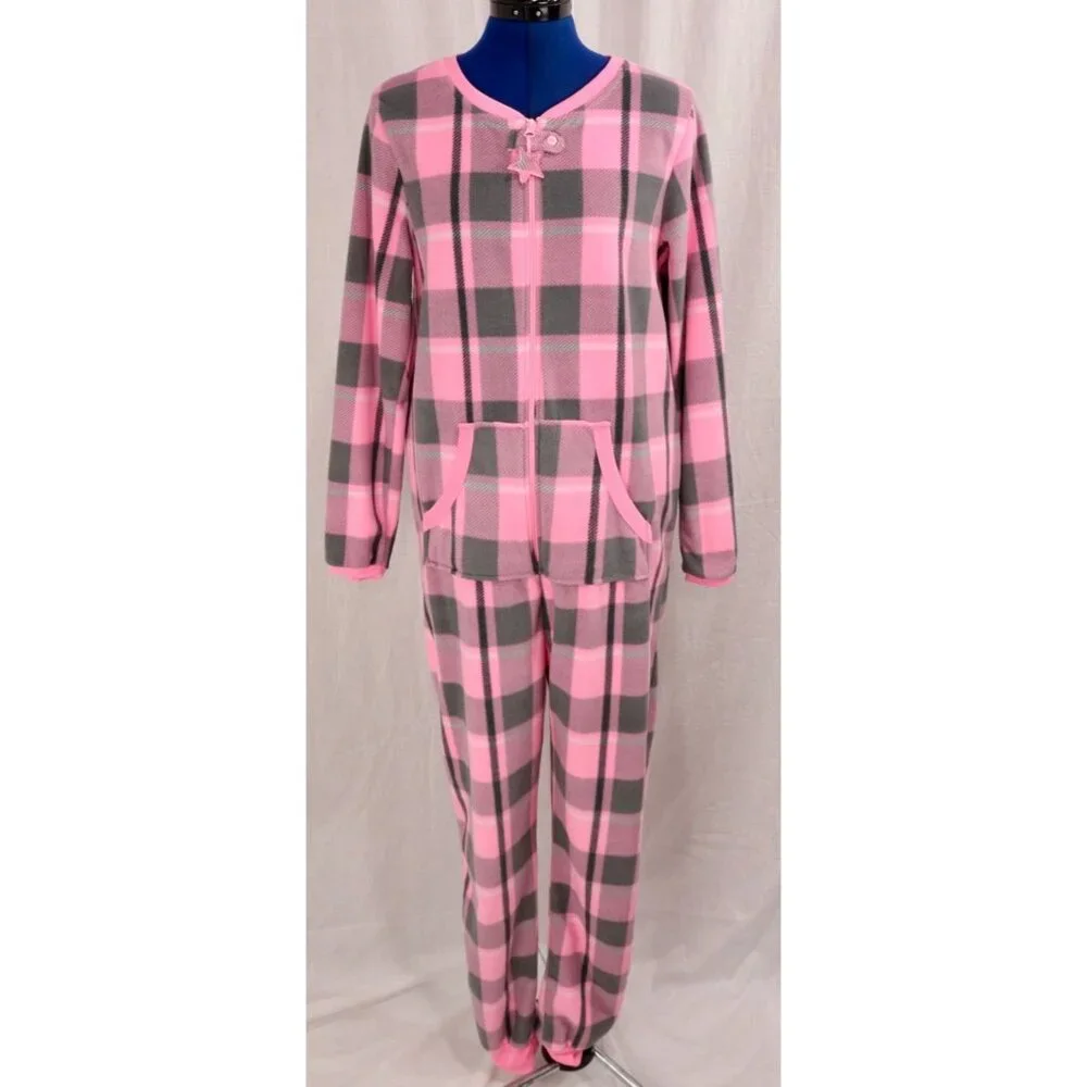 Secret Treasures Pink Gray Plaid Fleece Pajamas Size Medium 8 10 VTG Footless 1 - Picture 1 of 11